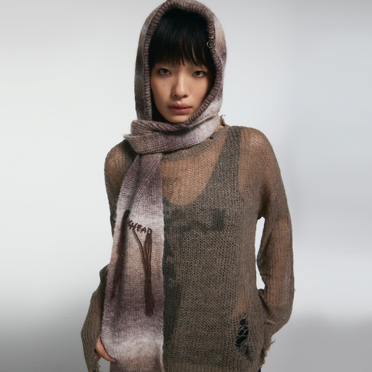 Coffee Gradient Knit Beret with Scarf