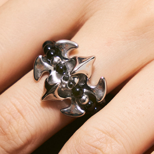 Fishbone & Black Onyx Stacking Ring