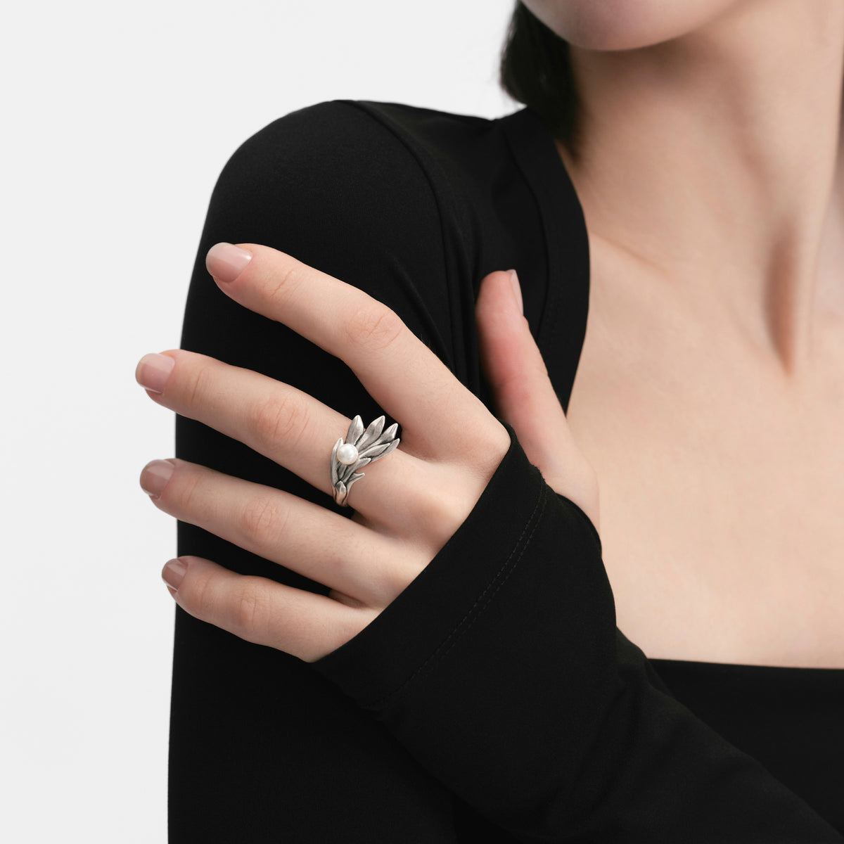 S925 Booby Bird Wing‑Wrapping Pearl Ring