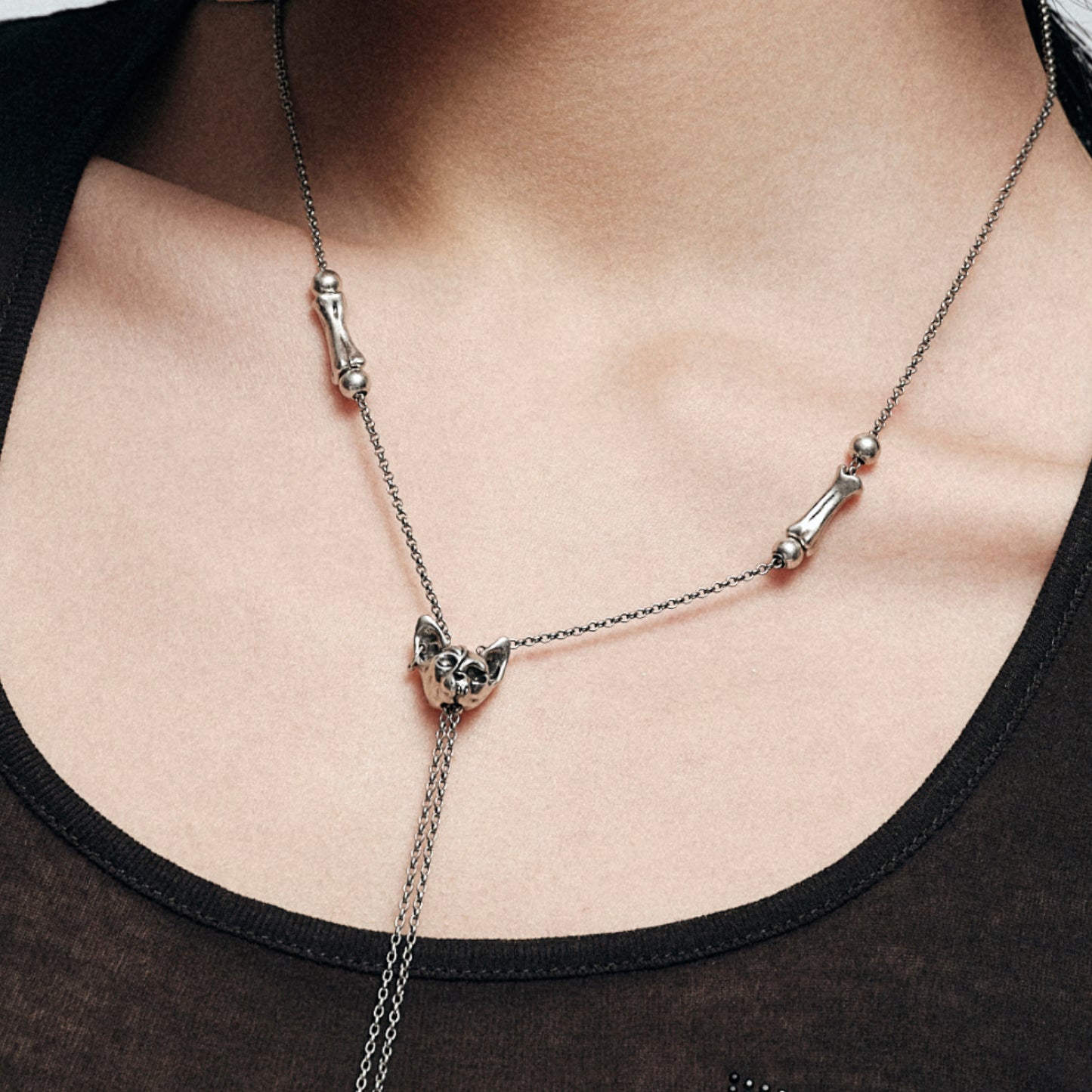 Night Cat Skull Adjustable Sweater Necklace
