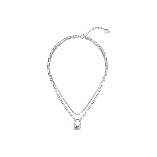 情人互锁镂空水钻锁吊坠双层项链