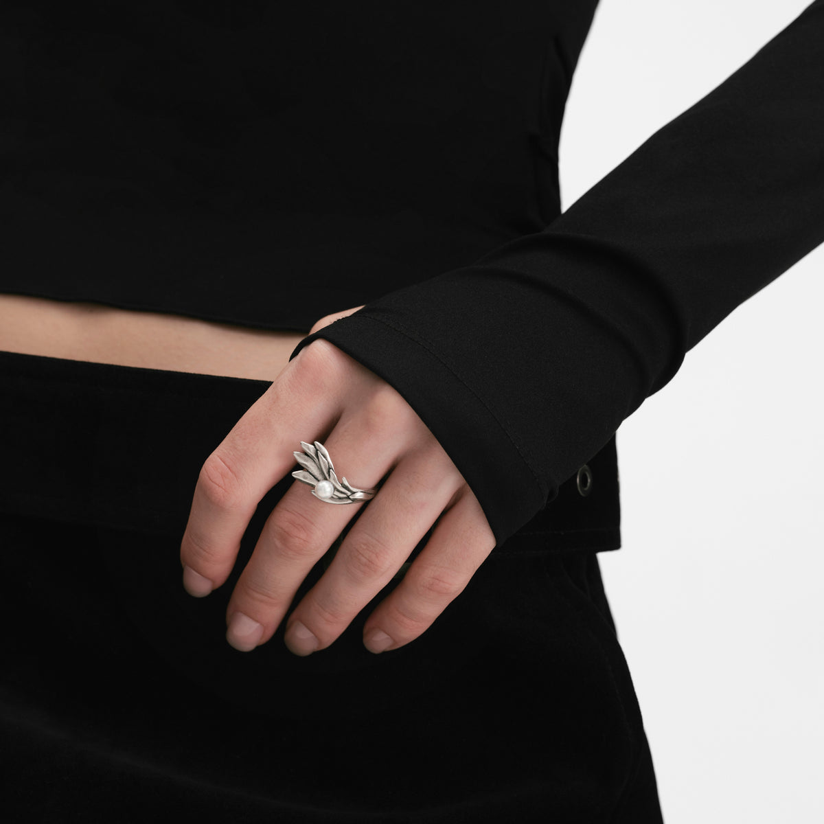 S925 Booby Bird Wing‑Wrapping Pearl Ring