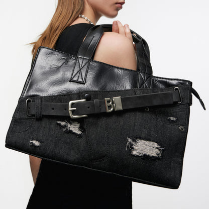 Denim Microfiber Leather Patchwork Tote Bag