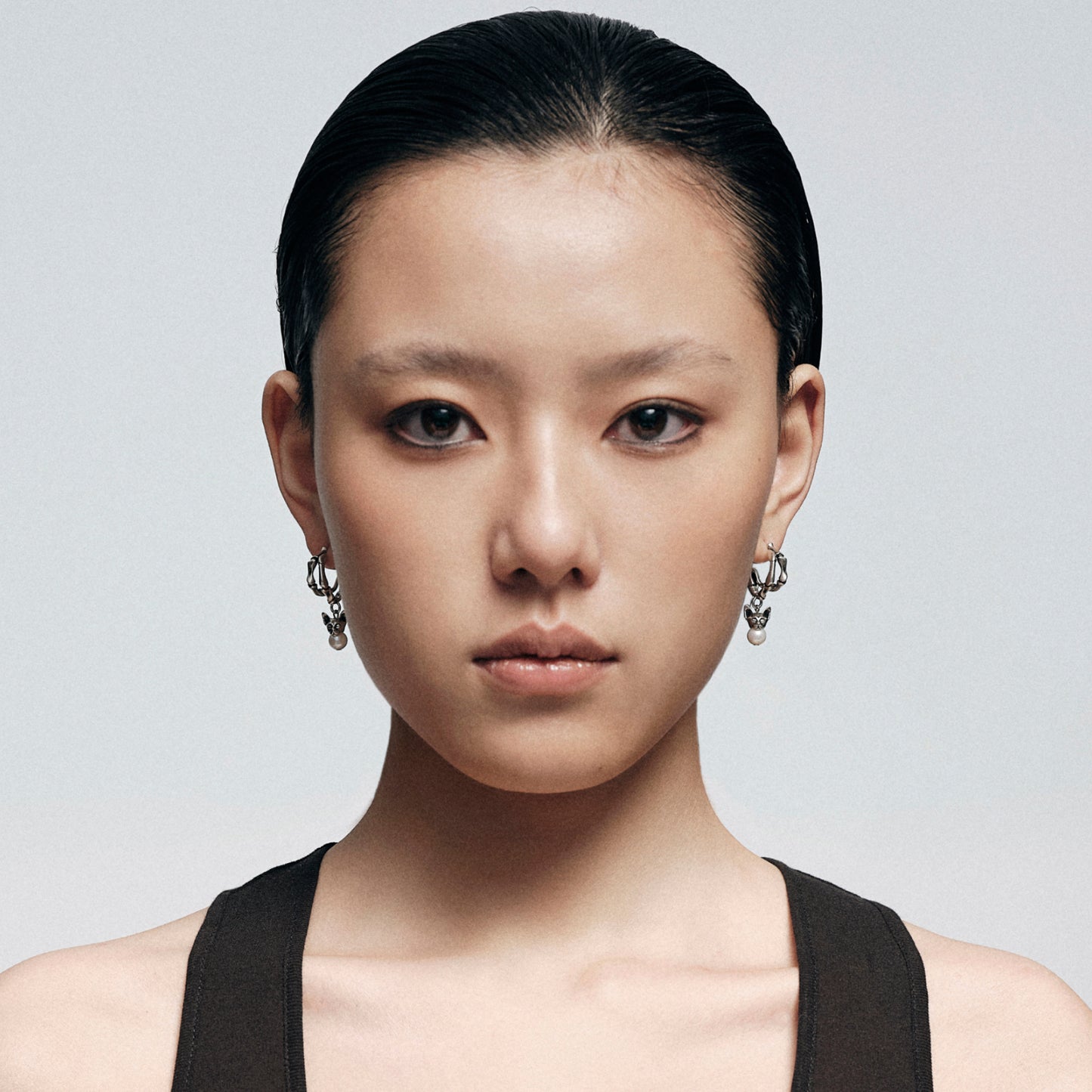 Night Cat Skull Pearl Drop Earring (Left)