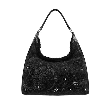 Oversized Raw-Edge Denim Bag with Triple Serpent Rings