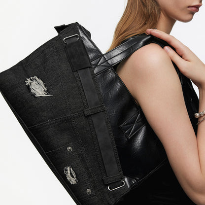 Denim Microfiber Leather Patchwork Tote Bag