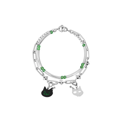 BLACK GLOVES DETACHABLE CAT HEAD CHARM DOUBLE LAYER BRACELET