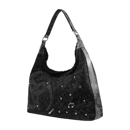 Oversized Raw-Edge Denim Bag with Triple Serpent Rings