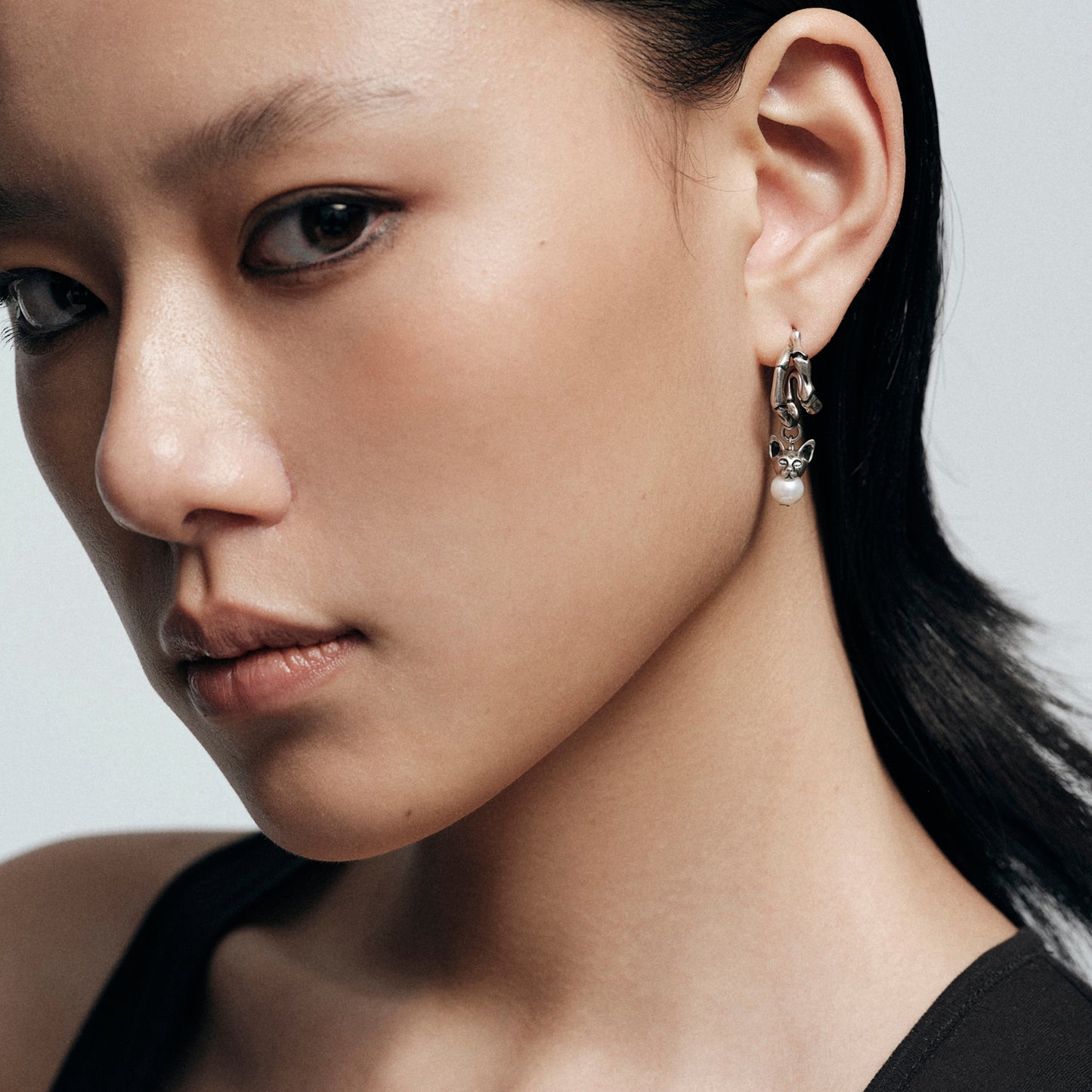 Night Cat Skull Pearl Drop Earring (Left)