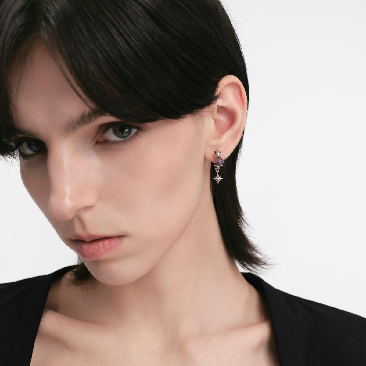 S925 Night Cat Hoop Silver Earrings