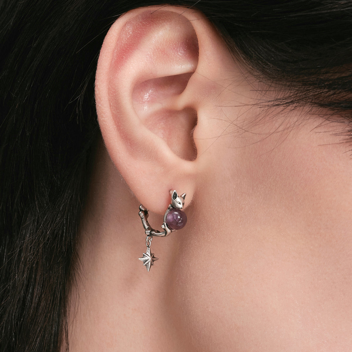 S925 Night Cat Hoop Silver Earrings