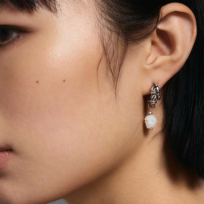 S925 Sterling Silver Pearl Skull Punk Drop Earring (Left, Single)