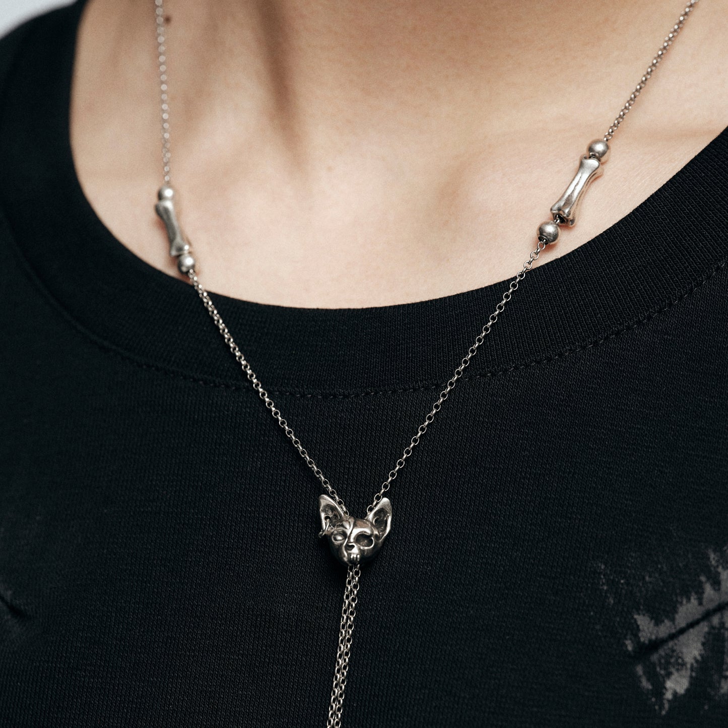 Night Cat Skull Adjustable Sweater Necklace