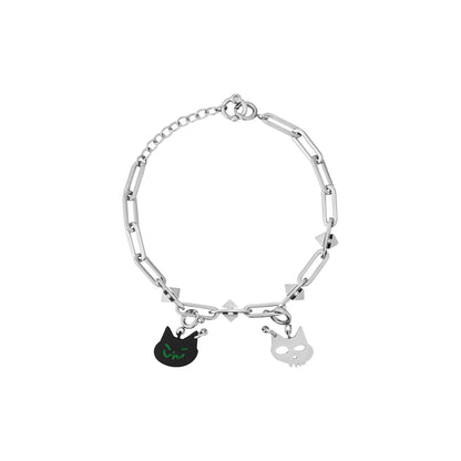 BLACK GLOVES DETACHABLE CAT HEAD CHARM DOUBLE LAYER BRACELET