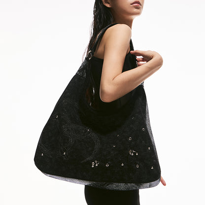 Oversized Raw-Edge Denim Bag with Triple Serpent Rings