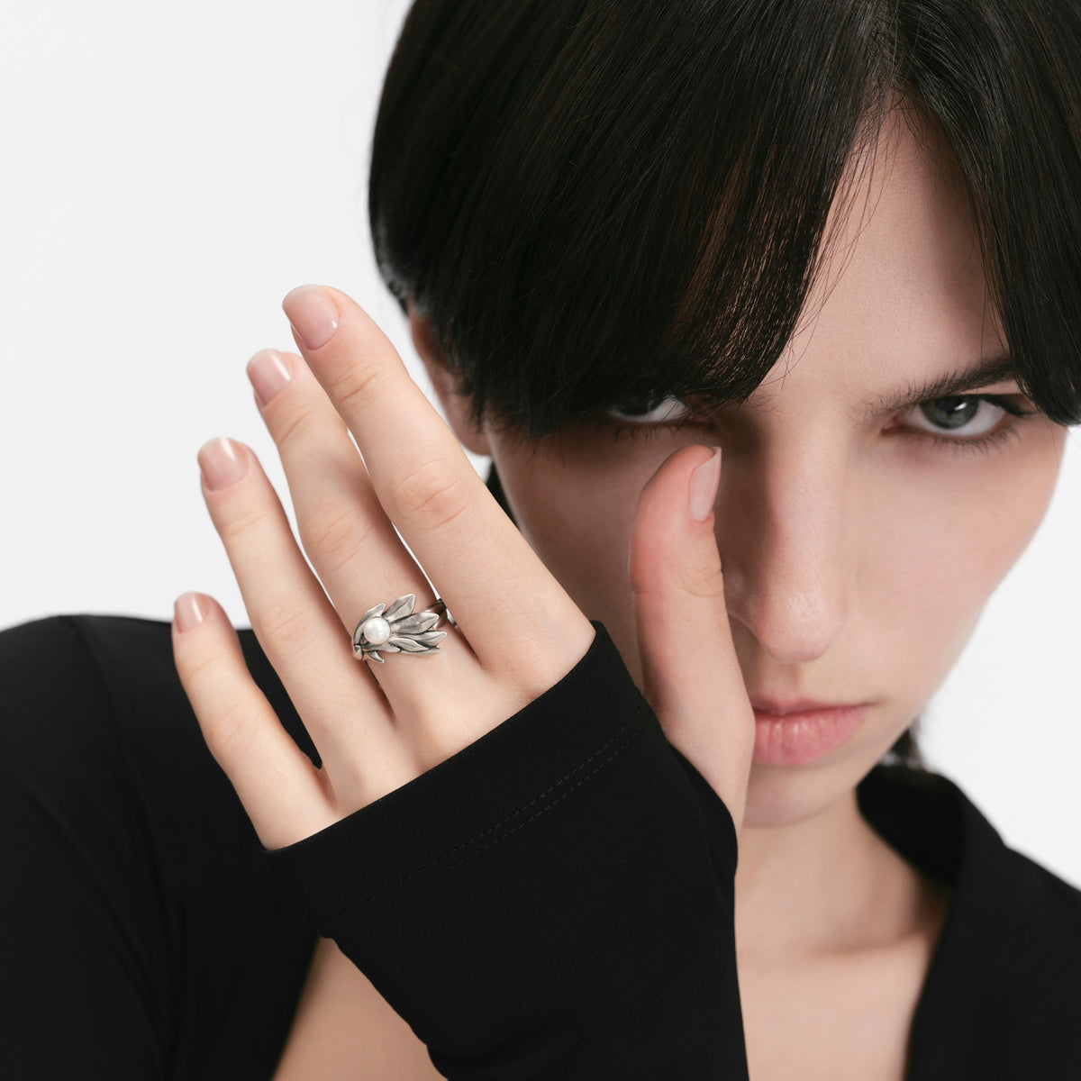 S925 Booby Bird Wing‑Wrapping Pearl Ring
