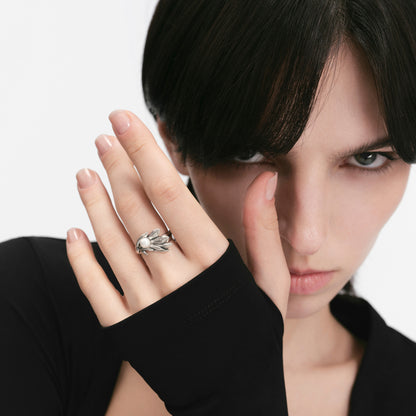 S925 Booby Bird Wing‑Wrapping Pearl Ring