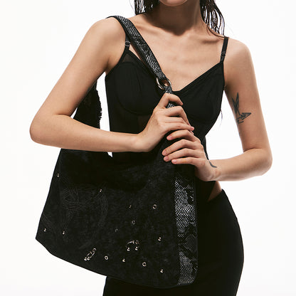 Oversized Raw-Edge Denim Bag with Triple Serpent Rings
