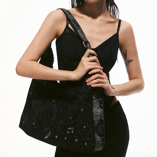 Oversized Raw-Edge Denim Bag with Triple Serpent Rings