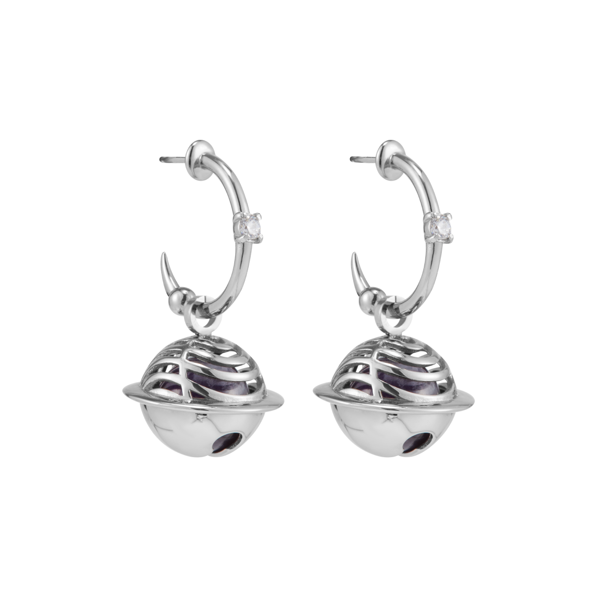 Planet Calling Jingle Bell Amethyst Drop Earrings