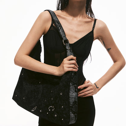 Oversized Raw-Edge Denim Bag with Triple Serpent Rings