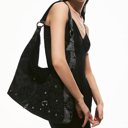 Oversized Raw-Edge Denim Bag with Triple Serpent Rings