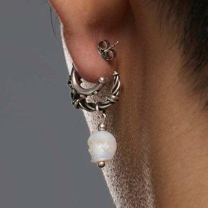 S925 Sterling Silver Pearl Skull Punk Drop Earring (Left, Single)