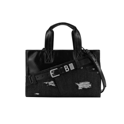 Denim Microfiber Leather Patchwork Tote Bag
