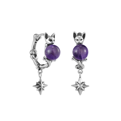 S925 Night Cat Hoop Silver Earrings