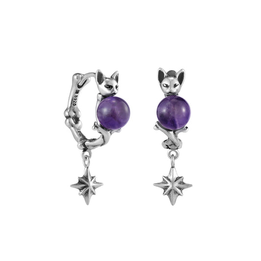 S925 Night Cat Hoop Silver Earrings