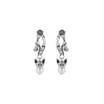 Night Cat Skull Pearl Drop Earring (Left)
