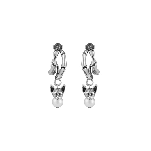 Night Cat Skull Pearl Drop Earring (Right)