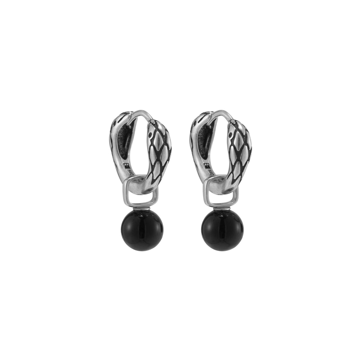 S925 Double-Headed Serpent Black Onyx Hoop Earrings, view 2