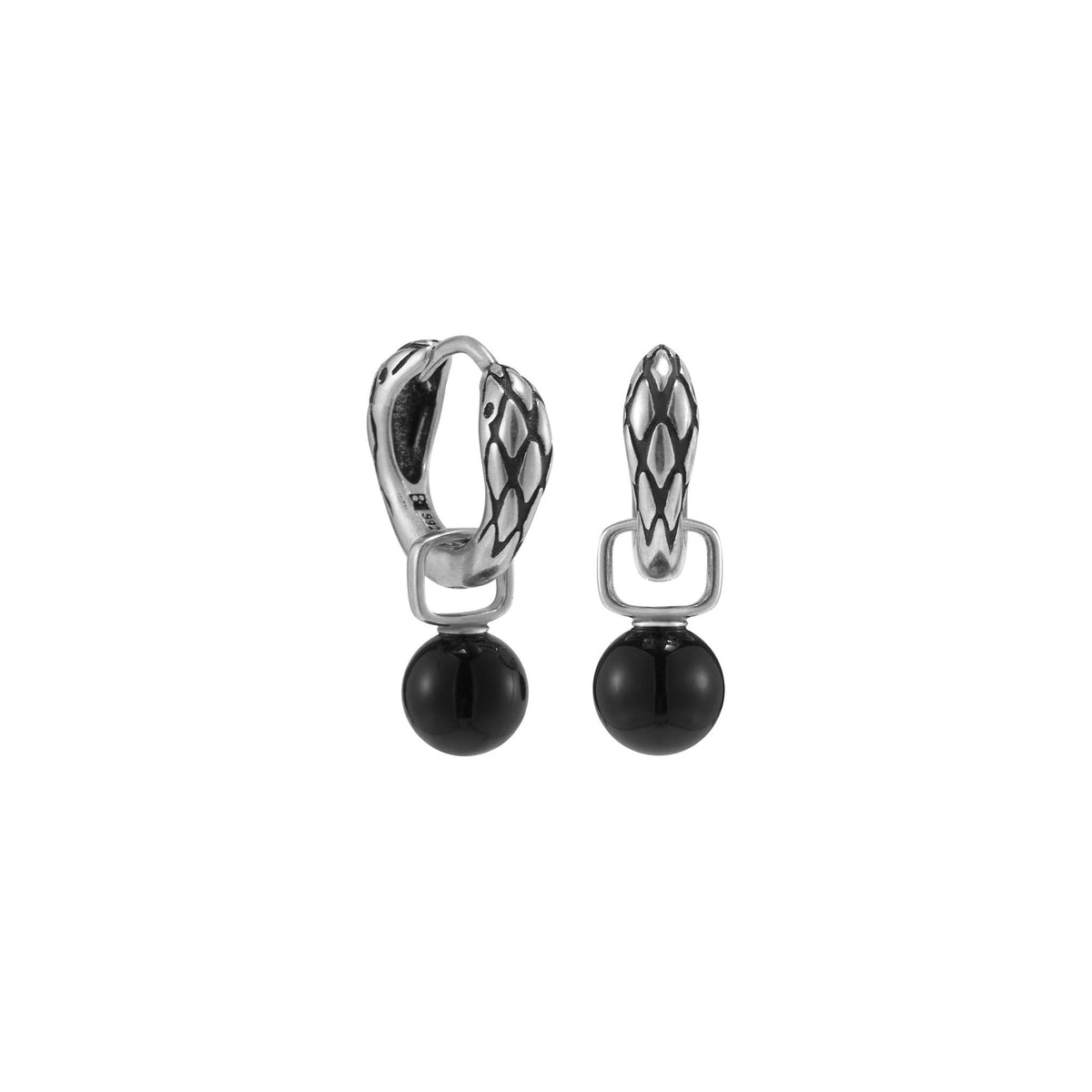 S925 Double-Headed Serpent Black Onyx Hoop Earrings, view 5
