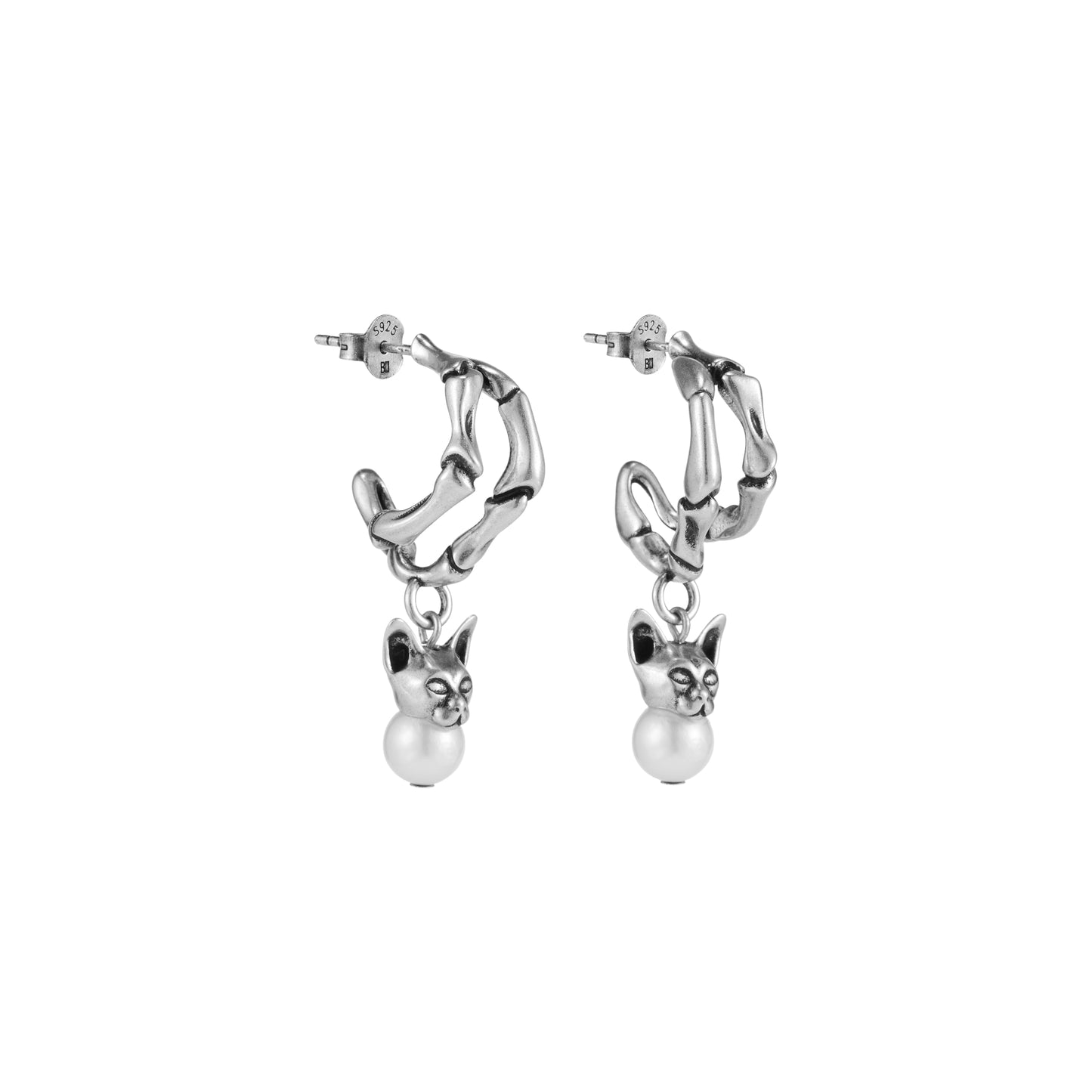 Night Cat Skull Pearl Drop Earring (Left)