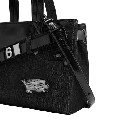 Denim Microfiber Leather Patchwork Tote Bag