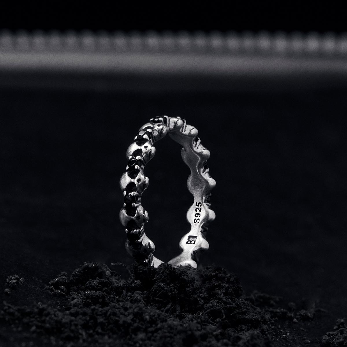 S925 Skull Black Zircon Pinky Ring