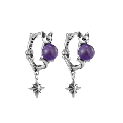 S925 Night Cat Hoop Silver Earrings
