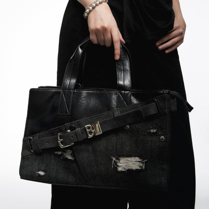 Denim Microfiber Leather Patchwork Tote Bag