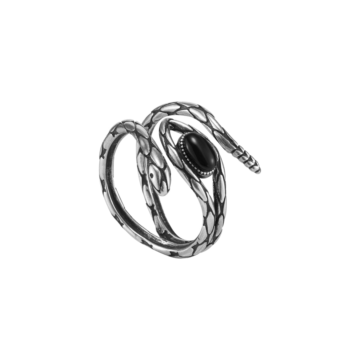 Coiled serpent black onyx sterling silver adjustable ring, angled view