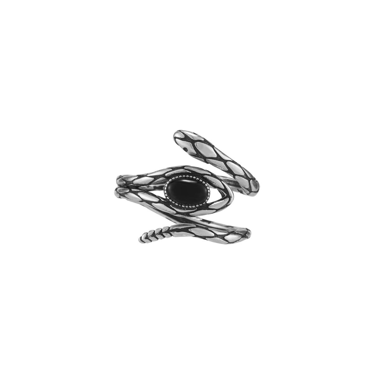 Coiled serpent black onyx sterling silver adjustable ring, front view