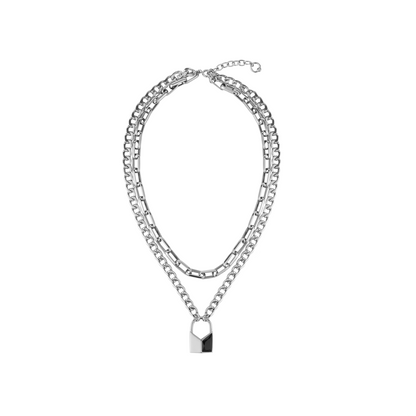 Lover's Interlock Faceted Rhinestone Lock Pendant Double-Layer Necklace