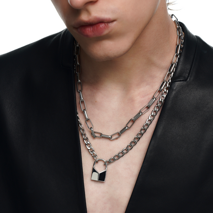 Lover's Interlock Faceted Rhinestone Lock Pendant Double-Layer Necklace