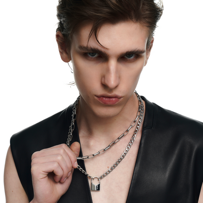 Lover's Interlock Faceted Rhinestone Lock Pendant Double-Layer Necklace