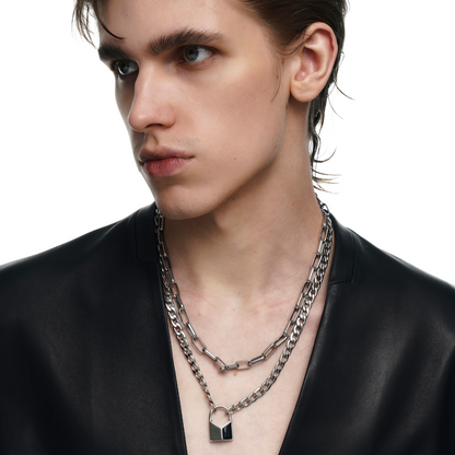 Lover's Interlock Faceted Rhinestone Lock Pendant Double-Layer Necklace