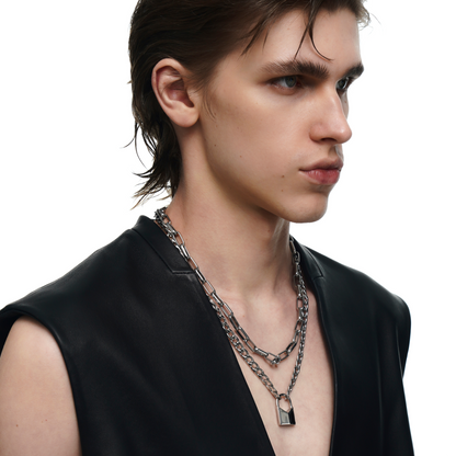 Lover's Interlock Faceted Rhinestone Lock Pendant Double-Layer Necklace