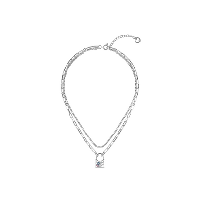 Lover's Interlock Hollow Rhinestone Lock Pendant Double-Layer Necklace