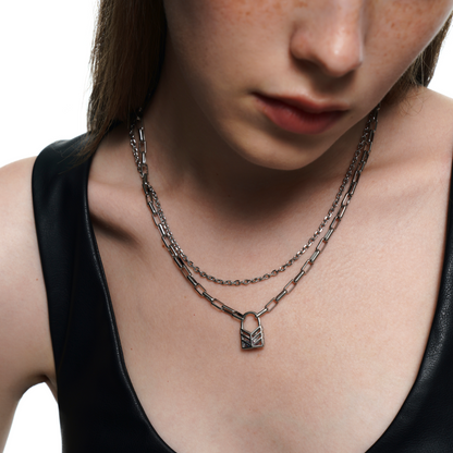 Lover's Interlock Hollow Rhinestone Lock Pendant Double-Layer Necklace