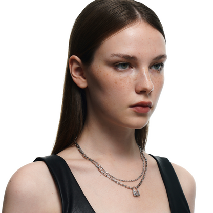 Lover's Interlock Hollow Rhinestone Lock Pendant Double-Layer Necklace