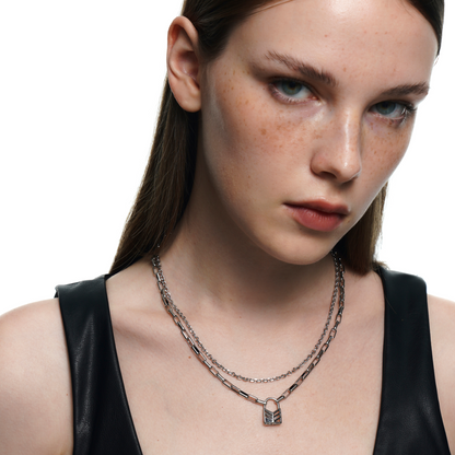 Lover's Interlock Hollow Rhinestone Lock Pendant Double-Layer Necklace